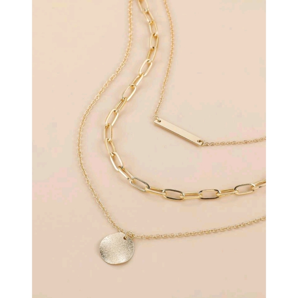 Anthropologie Aria Layered Hammered Charm, Bar & Paperclip Gold Necklace - Picture 2 of 4